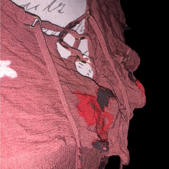 Tillys Blu Pepper Dark Mauve Pink Floral Blouse with Drawstring Tassel Tie - Picture 12 of 16